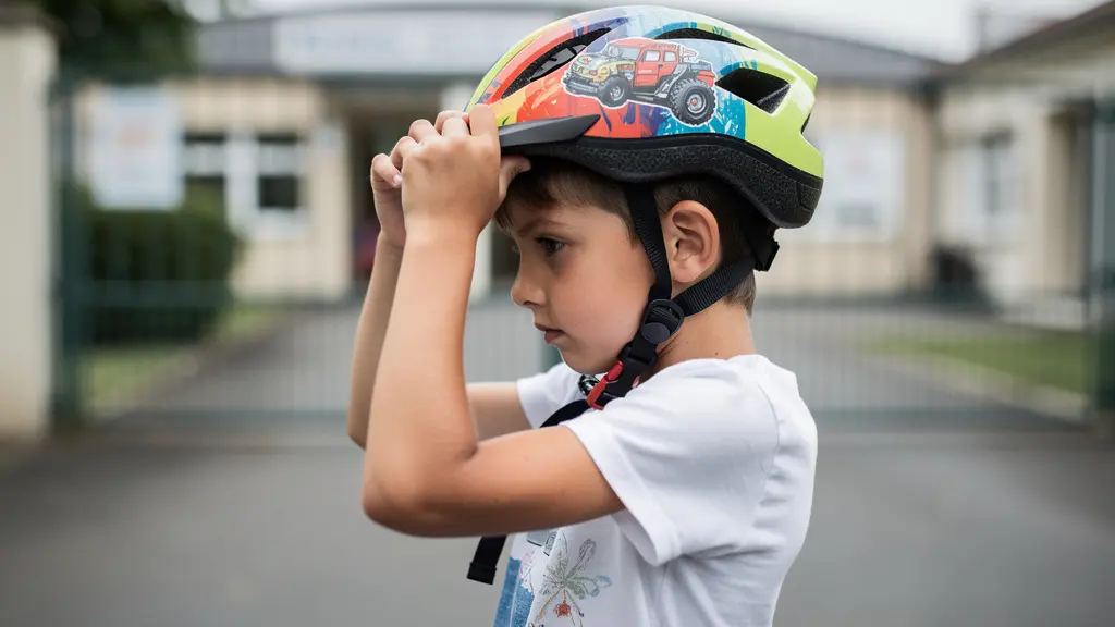 Enfant 8 ans clipsant jugulaire casque vélo coloré devant portail école
