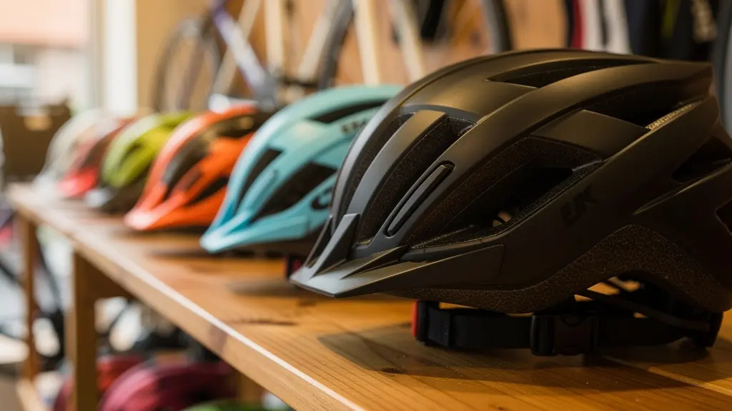 Rangée de casques vélo colorés exposés sur étagère bois en boutique spécialisée