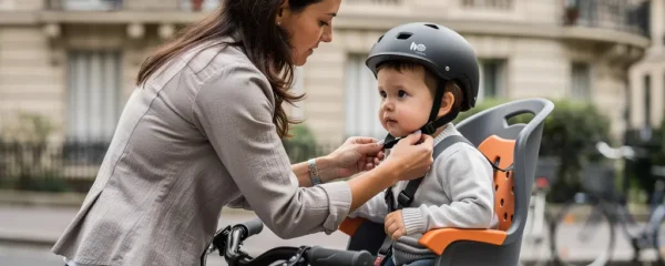 Parent ajustant un casque vélo sur enfant installé dans siège vélo arrière, rue parisienne