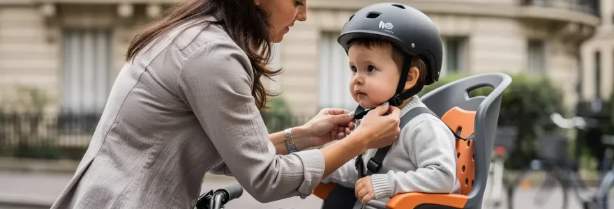 Parent ajustant un casque vélo sur enfant installé dans siège vélo arrière, rue parisienne