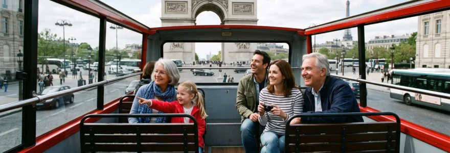 Famille observant Paris depuis l’étage supérieur d’un bus touristique